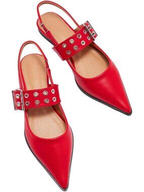 Women's Red Leather Buckled Straps Pointed Toe Slingback Flat Ballerina Shoes